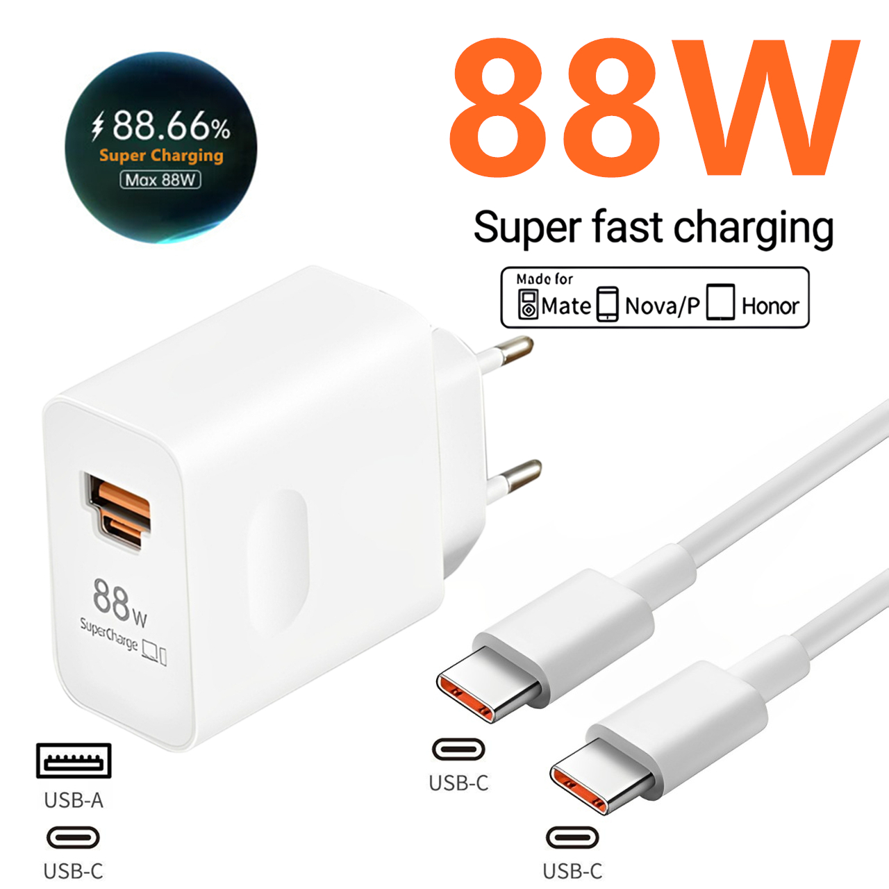Huawei Mate 60 - อะแดปเตอร์ชาร์จเร็ว 88W Max USB A+C สำหรับ